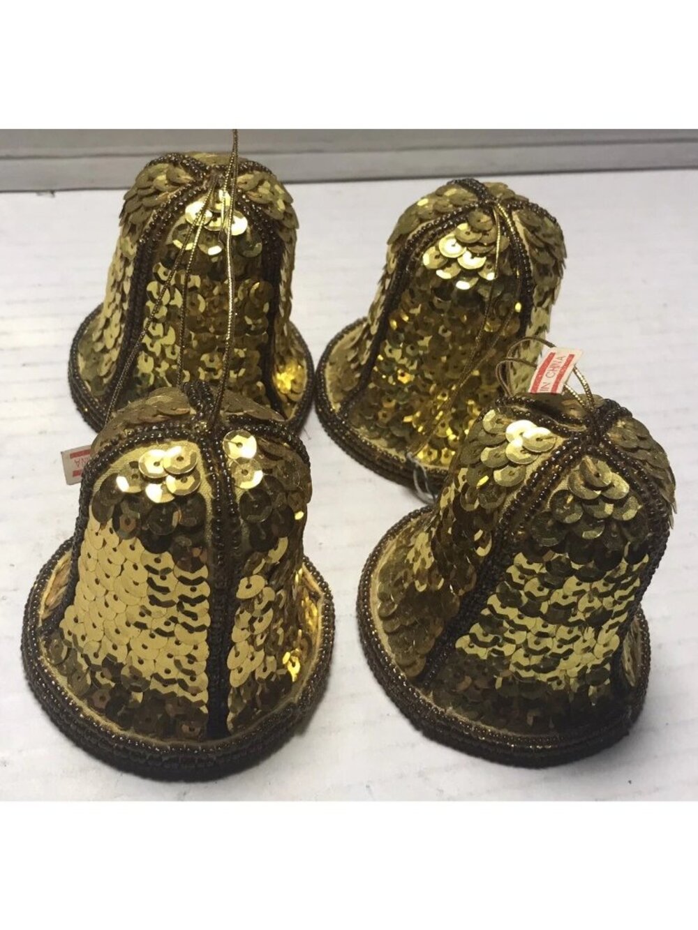 Vintage Gold Sequined Christmas Bell Plastic Ornaments Lot Of 4